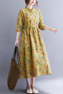 Cotton Linen Drawstring Dress Large Size Long Sleeves Disc Button Swing Skirt Improved Cheongsam Print Women's Spring And Autumn Linen Dress
