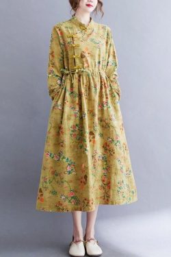 Cotton Linen Drawstring Dress Large Size Long Sleeves Disc Button Swing Skirt Improved Cheongsam Print Women's Spring And Autumn Linen Dress