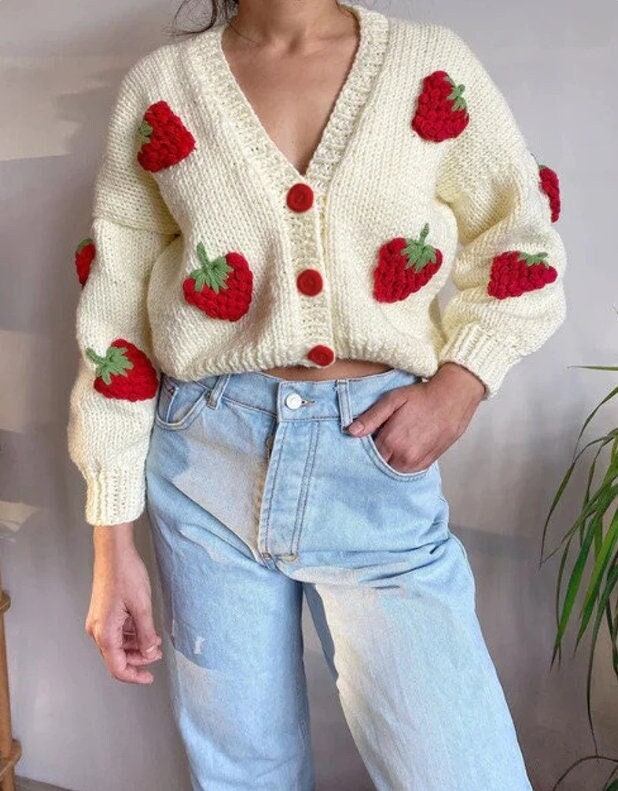 Crochet Strawberry Cardigan Knitted Women Sweater Streetwear Harajuku Vintage Y2k Clothing