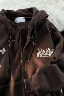 Cross Embroidered Zip Up Hoodie Gothic Punk Emo Harajuku Streetwear Y2k Aesthetic