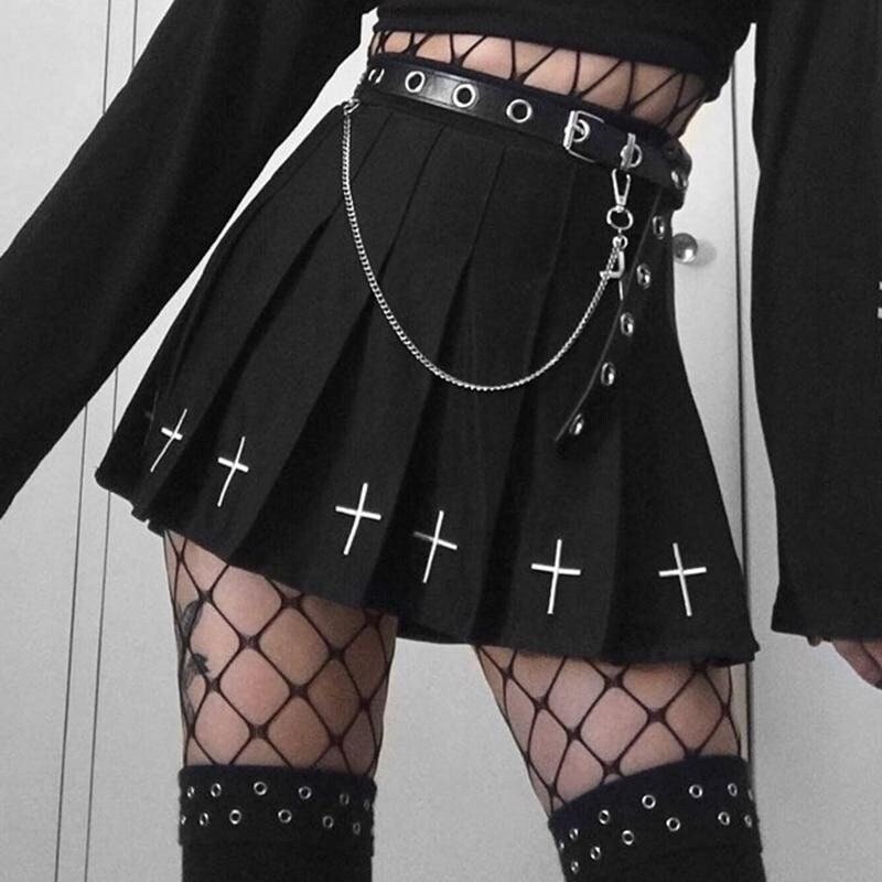 Cross Print High Waist Pleated Mini Skirts In Black