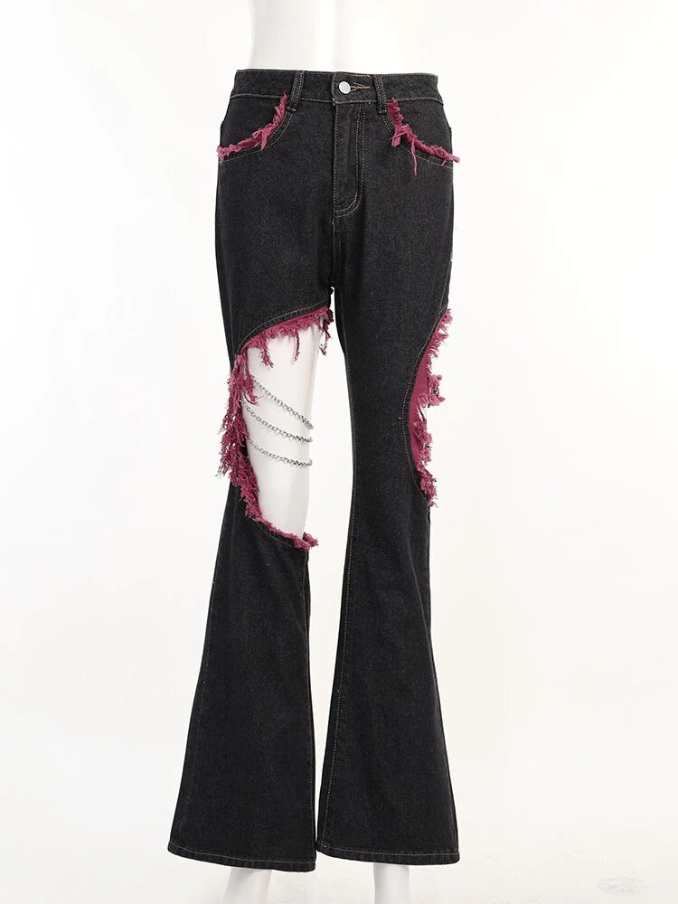 Cut Out Chain Design High Waisted Flare Pants Streetwear Gothicwear Harajuku Punkwear Lolita Korean Grunge Y2k Punk