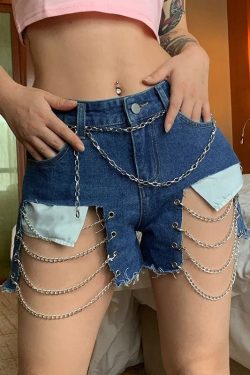 Cut Out Chain High Waisted Denim Mini Shorts Y2k Streetwear Ravewear Festivalwear Grunge Korean Lolita Harajuku