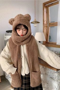 Cute Bear Ear Hat Scarf Gloves Plush Hat Scarf Kawaii Hat Winter Hat Harajuku Huge Plush Bear Ear Hood Hat Multiple Color