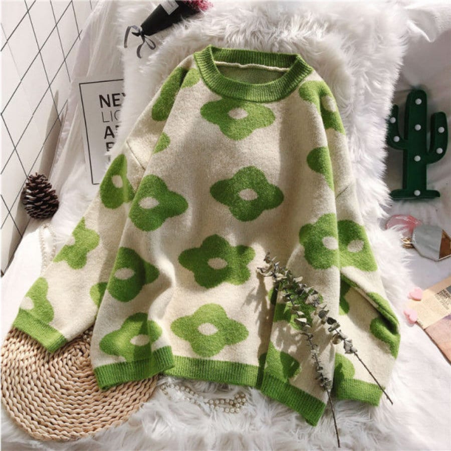 Cute Flower Pattern Sweater Flower Print Knit Pullover Winter Korean Soft Girl Aesthetic Clothing