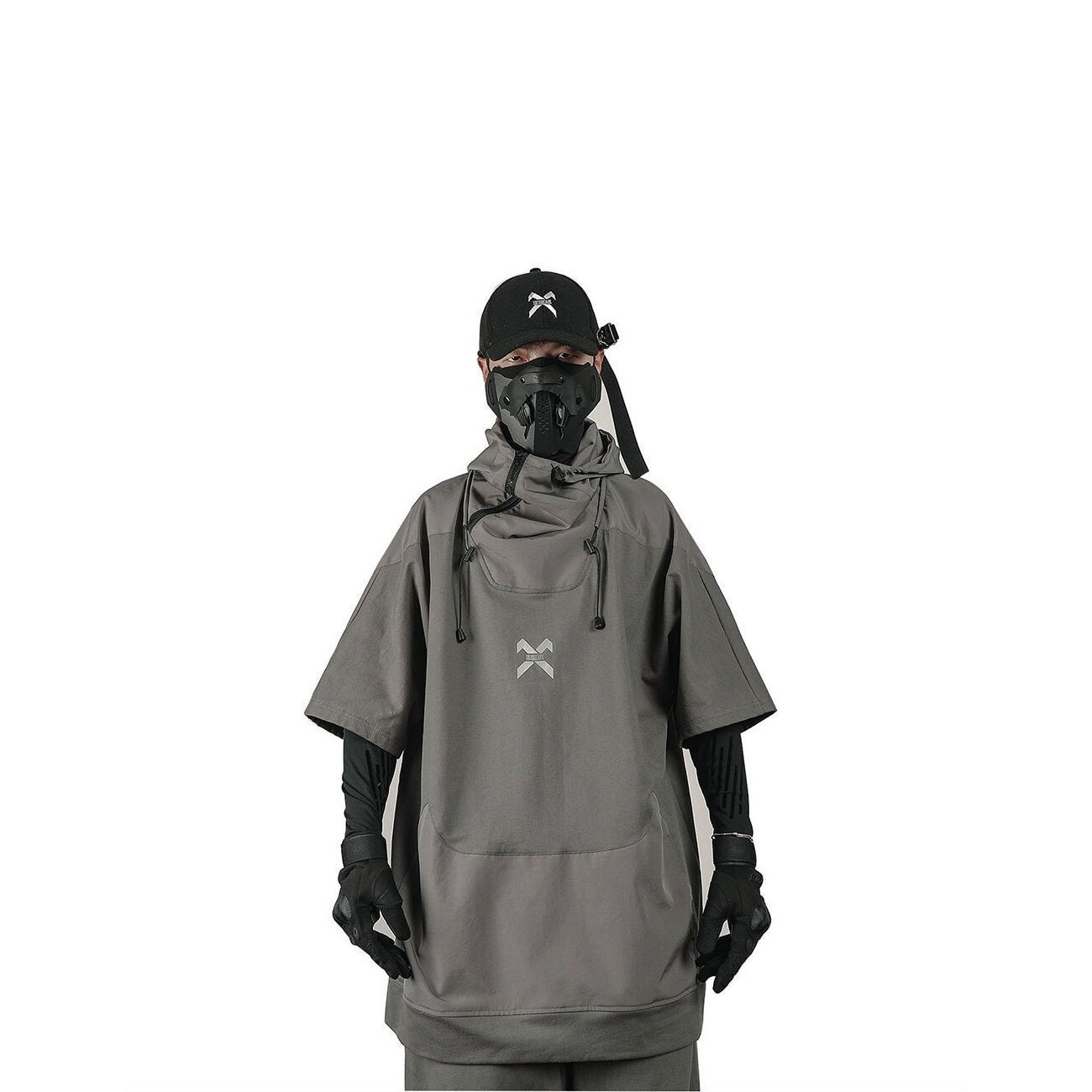 Cyberpunk X 45 Short Sleeves Hoodie For Men Summer Techwear Streetwear Fashion Black T Shirt