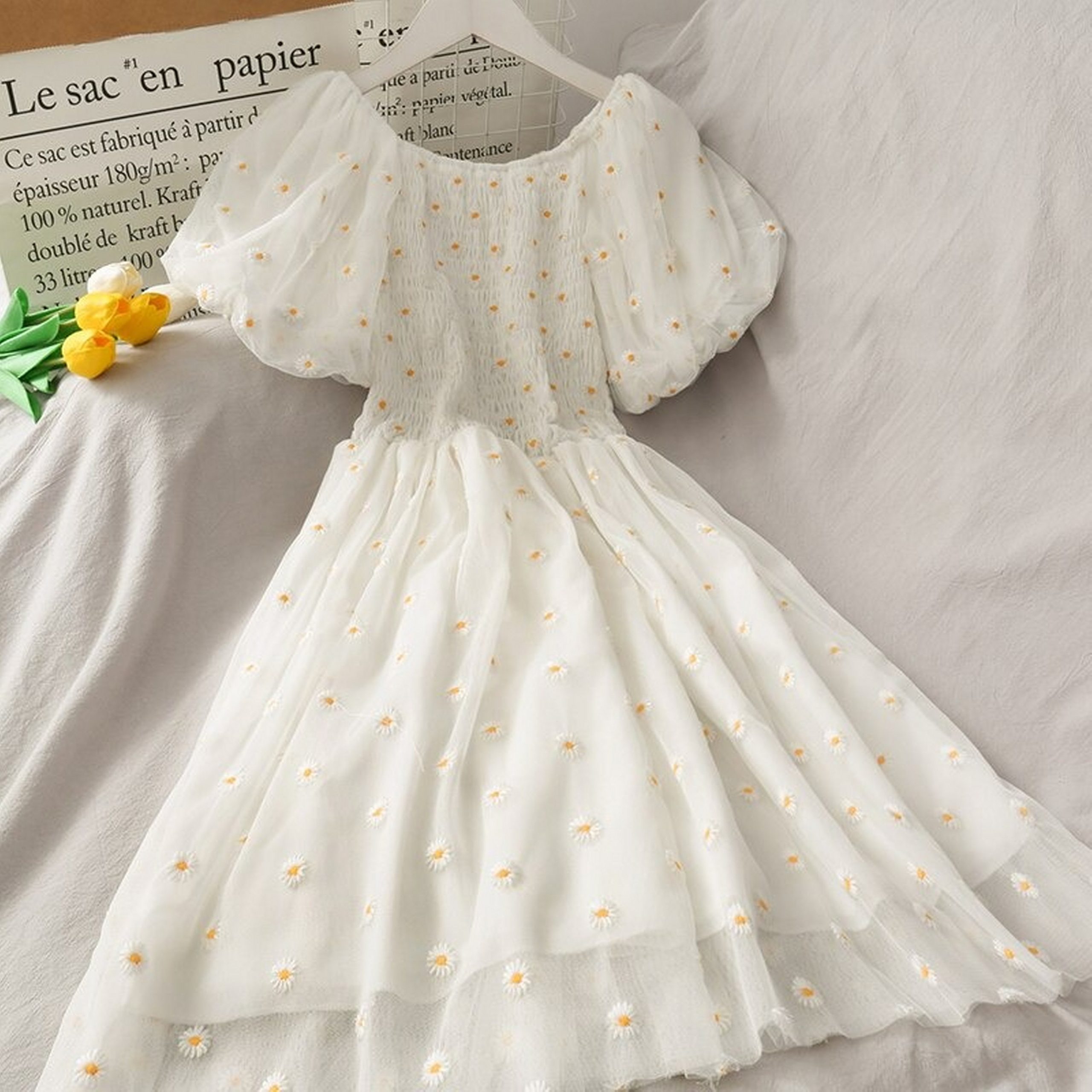 Daisy Flower Embroidery Mesh Lace Ruched Puff Sleeve Short Summer Sweet Dress Y2k Aesthetic Summer Dress