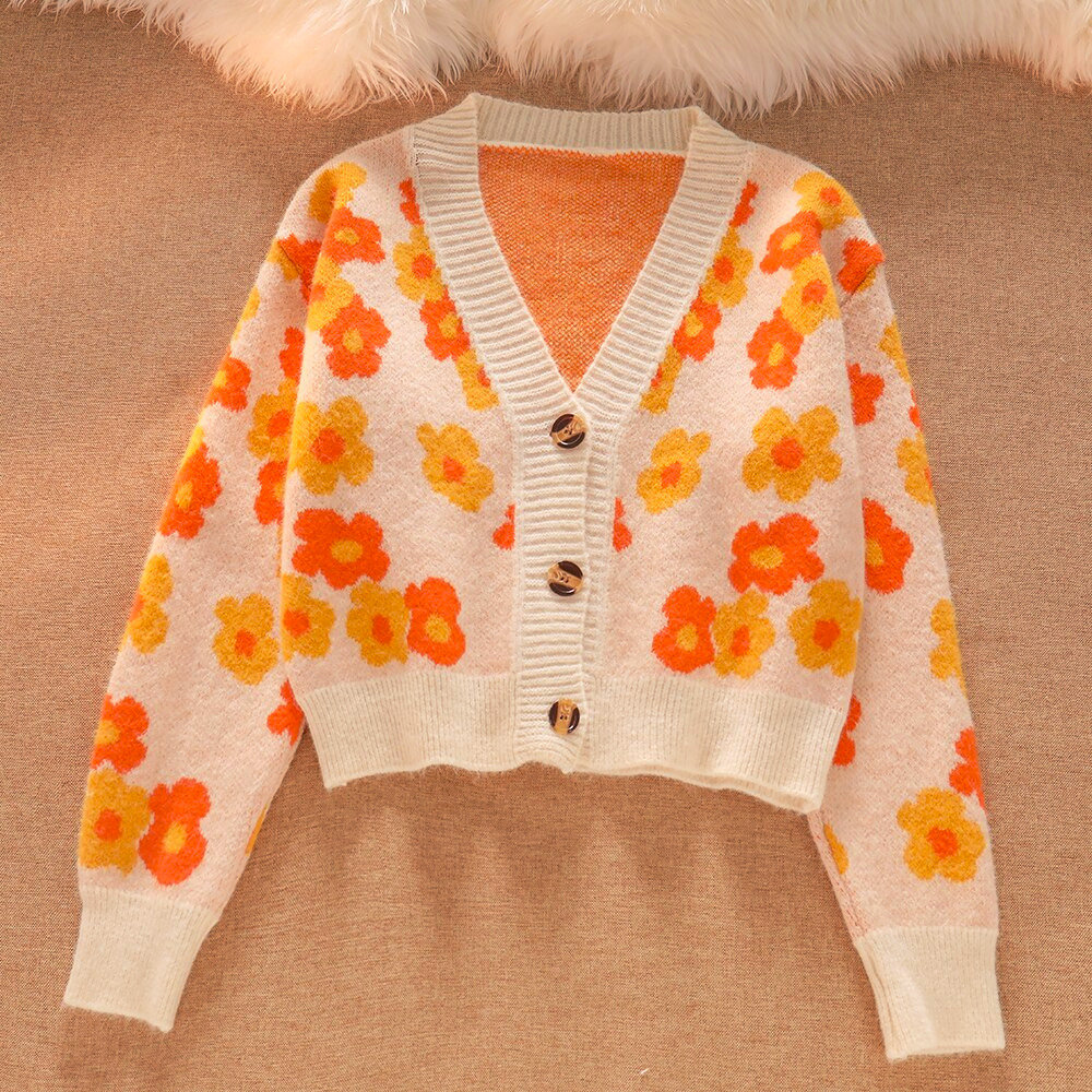 Daisy Flowers Cardigan Knitted Vest Set Blue Beige Floral Tank Top V Neck Sweater