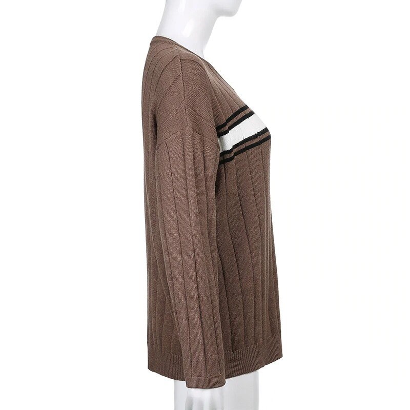 Dark Academia Brown Vintage 90s Plus Size Sweatshirt For Women 90s Sweat Femme Y2k Stripe V Neck Knit E Girl Pullover Feminist Sweater