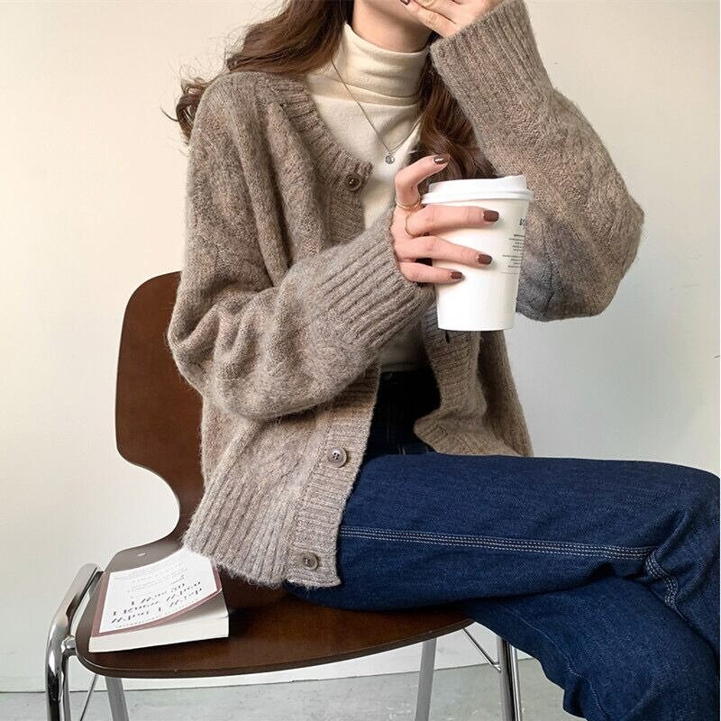 Dark Academia Clothing Knitted Vintage Cable Knit Cardigan For Woman Light Academia Retro Casual Grandpa Sweater