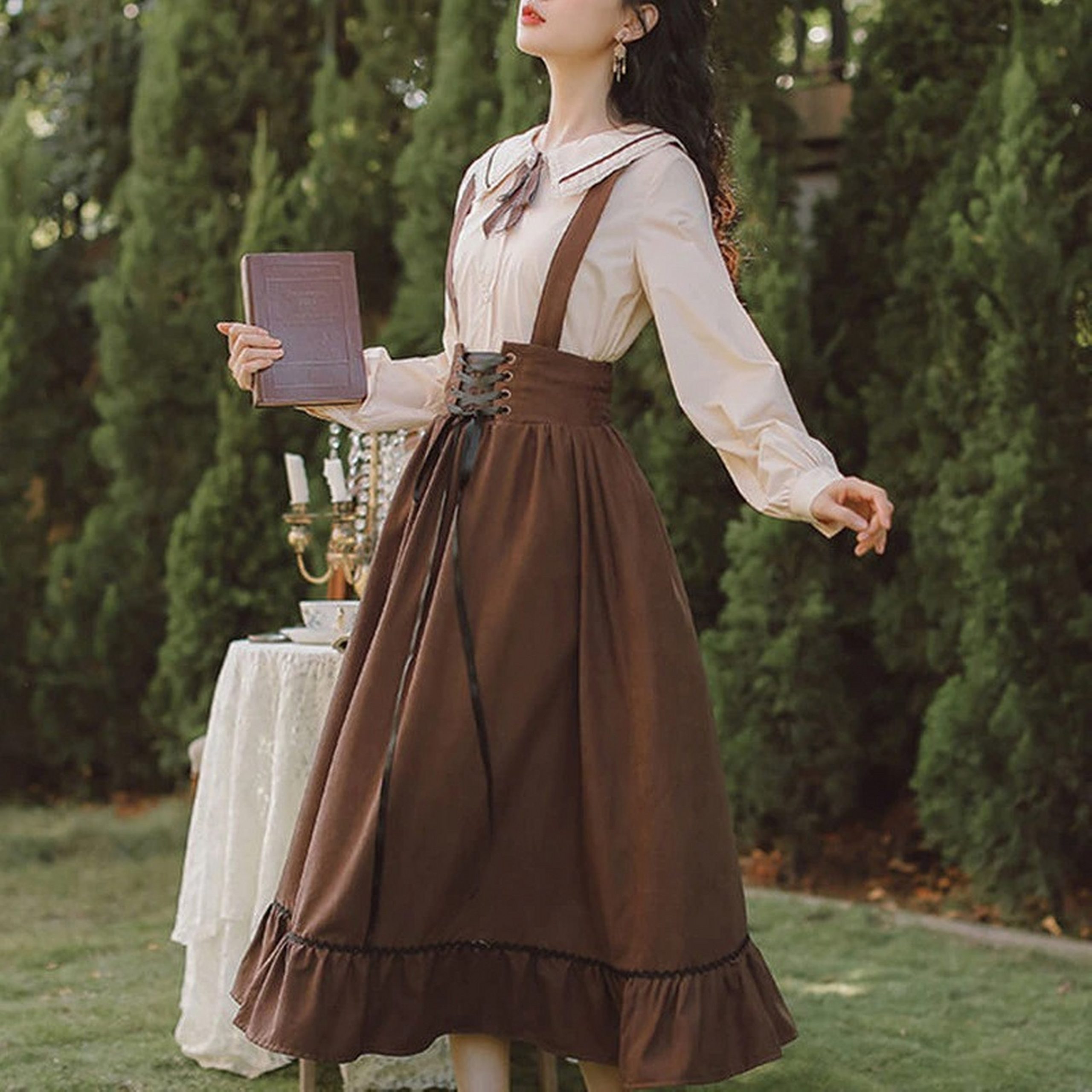 Dark Academia Clothing Long Midi Suspender Renaissance Skirt Cottage Core Clothing Cute High Waist Ruffle A Line Skirts