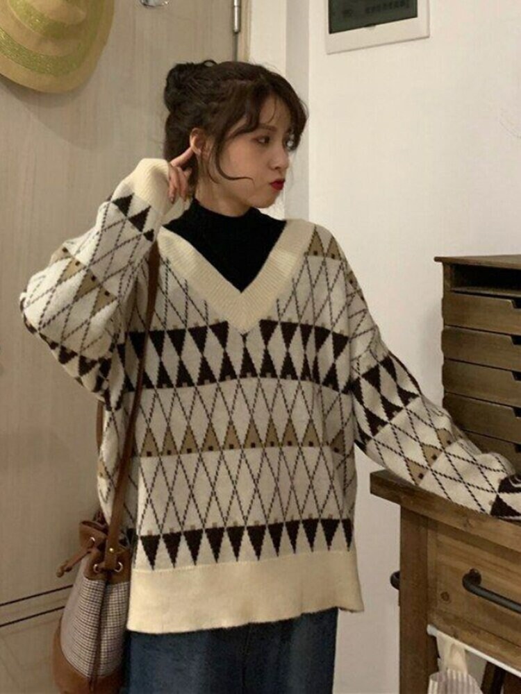 Dark Academia Clothing Loose Knit Sweater Vintage Argyle Y2k Sweater Korean Chic V Neck Grandpa Sweater