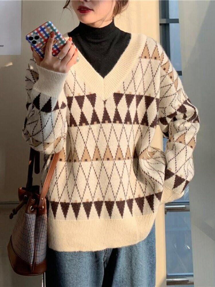Dark Academia Clothing Loose Knit Sweater Vintage Argyle Y2k Sweater Korean Chic V Neck Grandpa Sweater