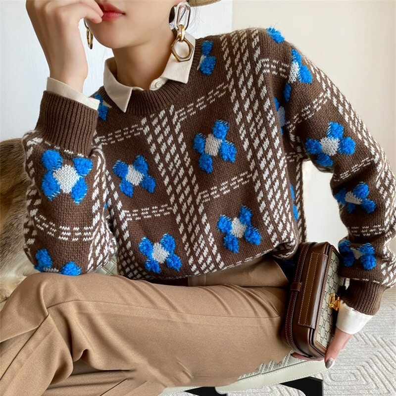 Dark Academia Clothing Vintage O Neck Floral Grandpa Sweater For Women Autumn Casual Argyle Plaid Cottagecore Sweater Jumper For Ladies