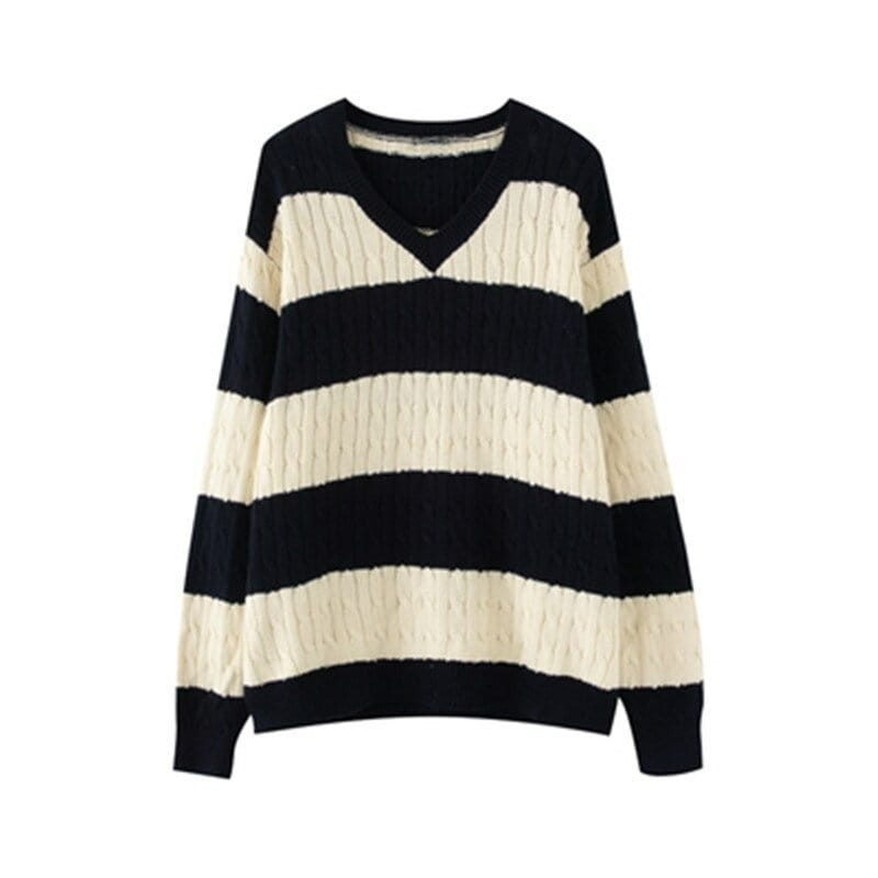 Dark Academia Clothing Vintage V Neck Stripe Loose Pullover Sweaters For Women Y2k Fashion Streetwear Knitted Grandpa Sweater For Girls