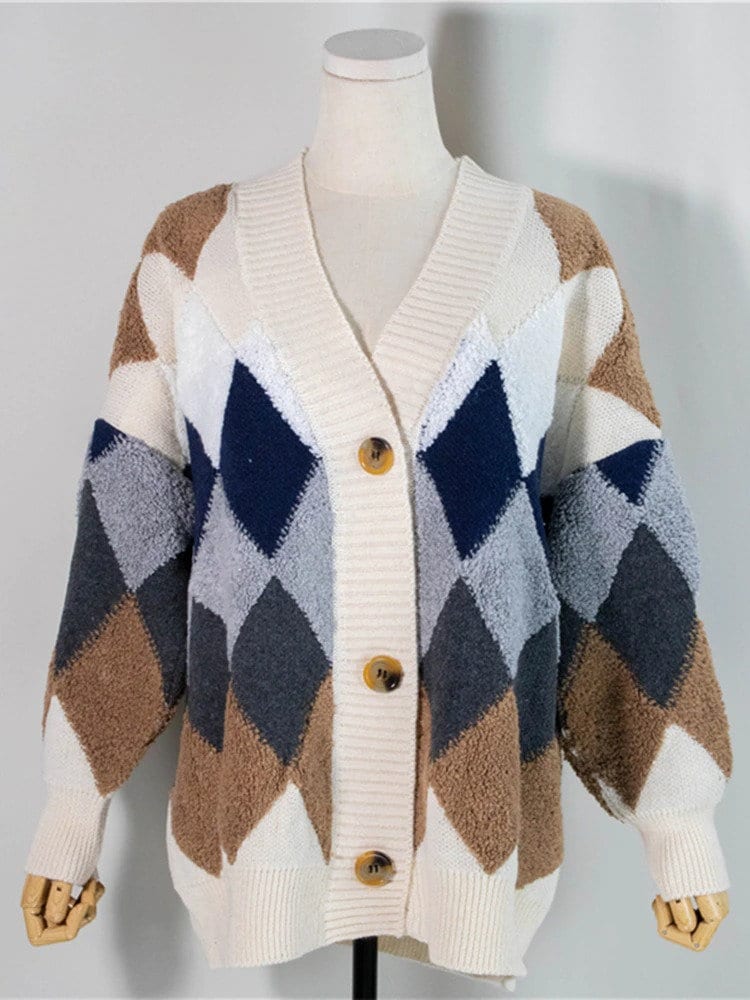 Dark Academia Plaid Cardigan Beige Knitted Sweater Argyle Checkered Casual Korean Style Vintage Sweater