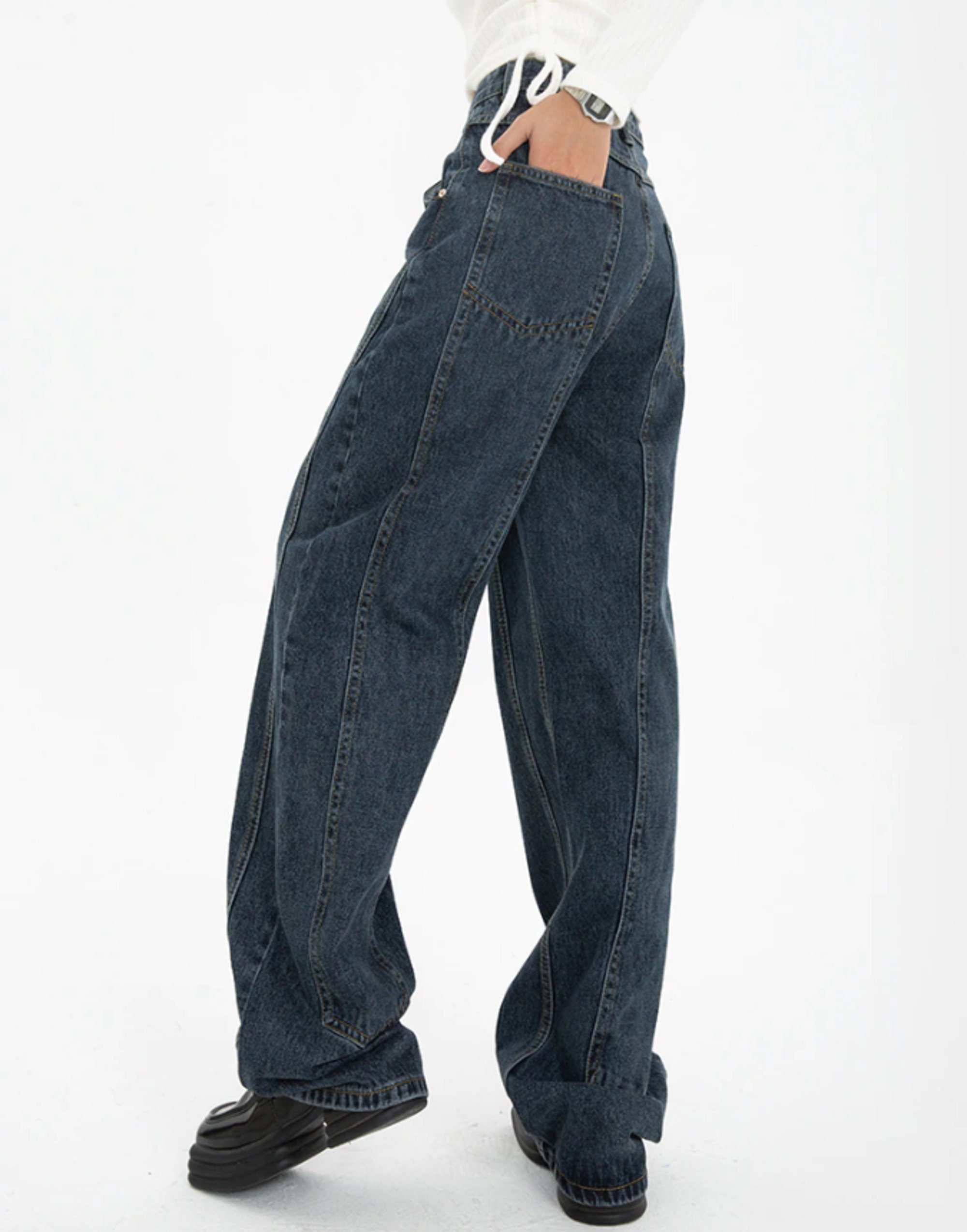Dark Blue Womens Jeans High Waist Vintage Straight Baggy Denim Pants Streetwear American Style Fashion Wide Leg Denim Trouser
