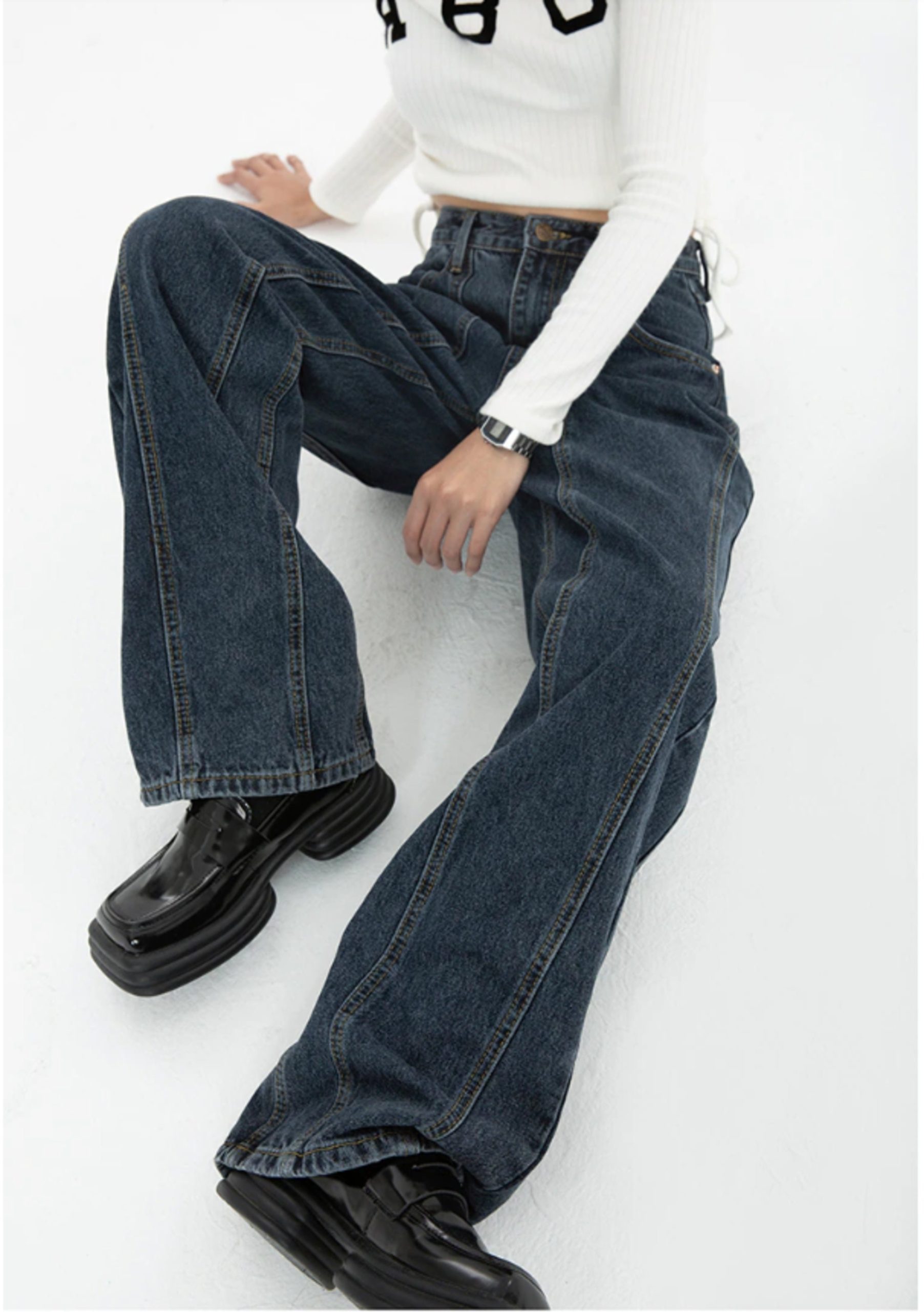 Dark Blue Womens Jeans High Waist Vintage Straight Baggy Denim Pants Streetwear American Style Fashion Wide Leg Denim Trouser