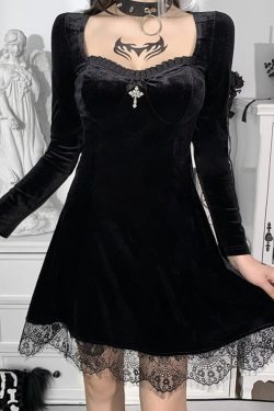 Dark Dress Punk Dress College Style Lace Long Sleeve Dress Square Neck Dress Korean Velvet Dress Y2k Dress Lolita Dress