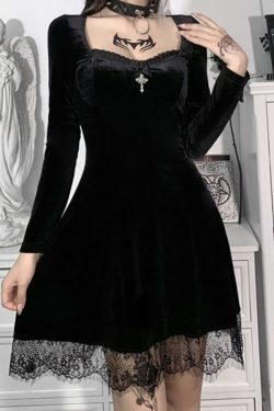 Dark Dress Punk Dress College Style Lace Long Sleeve Dress Square Neck Dress Korean Velvet Dress Y2k Dress Lolita Dress