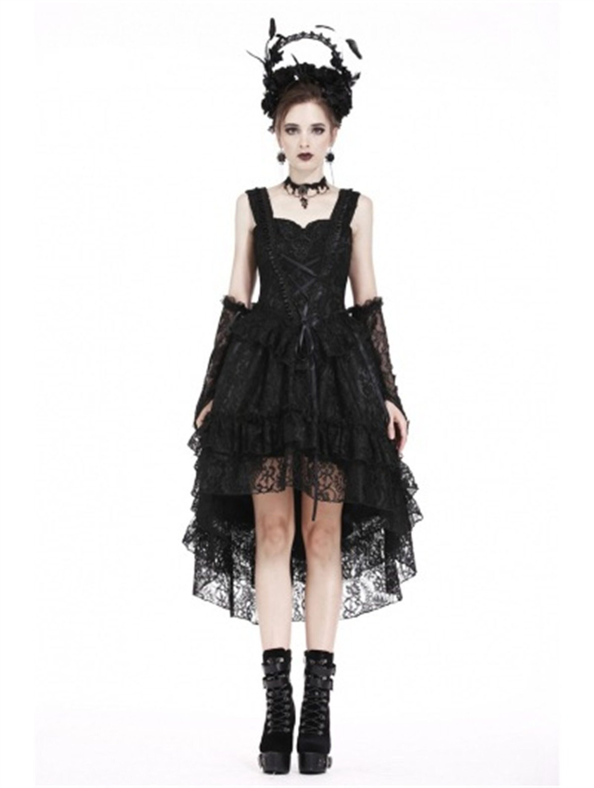 Dark Gothic Ruffled Double Lace Tie Dress Goth Sexy Rose Lace Dress Chiffon Perspective Dress Tulle Slim Fit Mermaid Dress Vintage Dress
