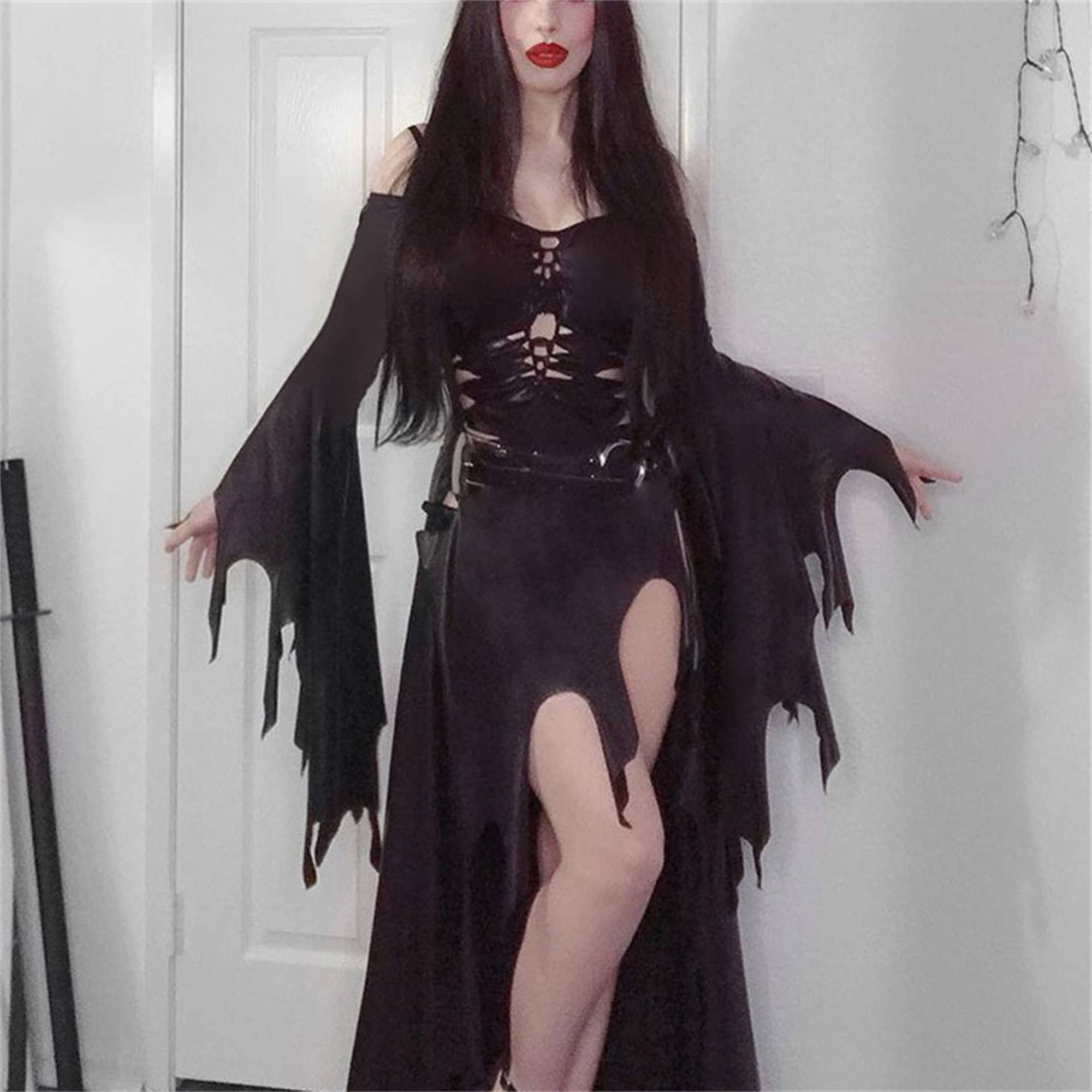 Dark High Slit Cutout Ripped Dress Vintage Women's Dress Gothic Dark Sexy Tulle Perspective Dress Cosplay Witch Bat Sleeve Velvet Dress