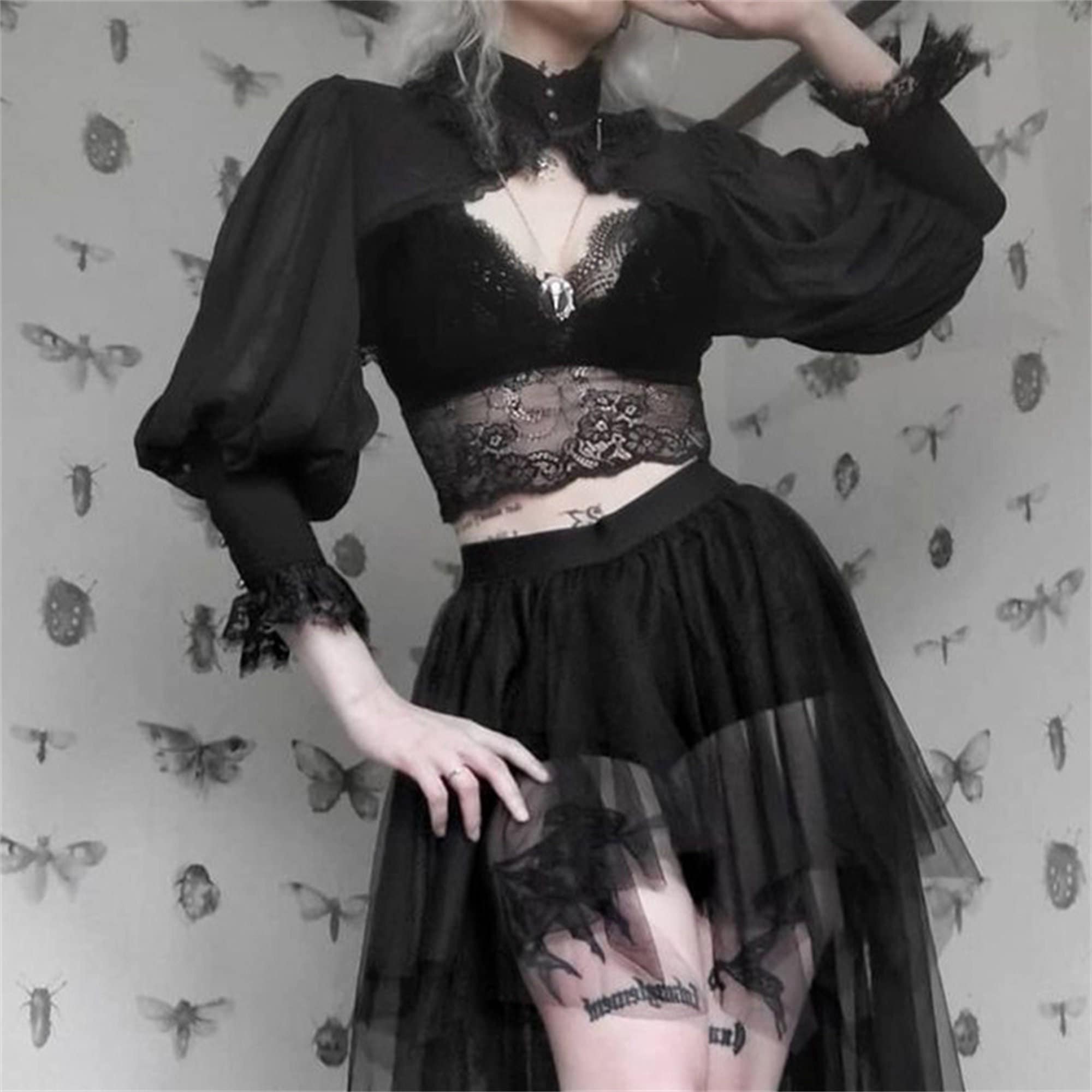 Dark Hollow Lace Palace Style High Collar Waistcoat Black Cosplay Witch Crop Top Gothic Sexy Tulle Puff Sleeve Top Gothic Sheer Crop Top