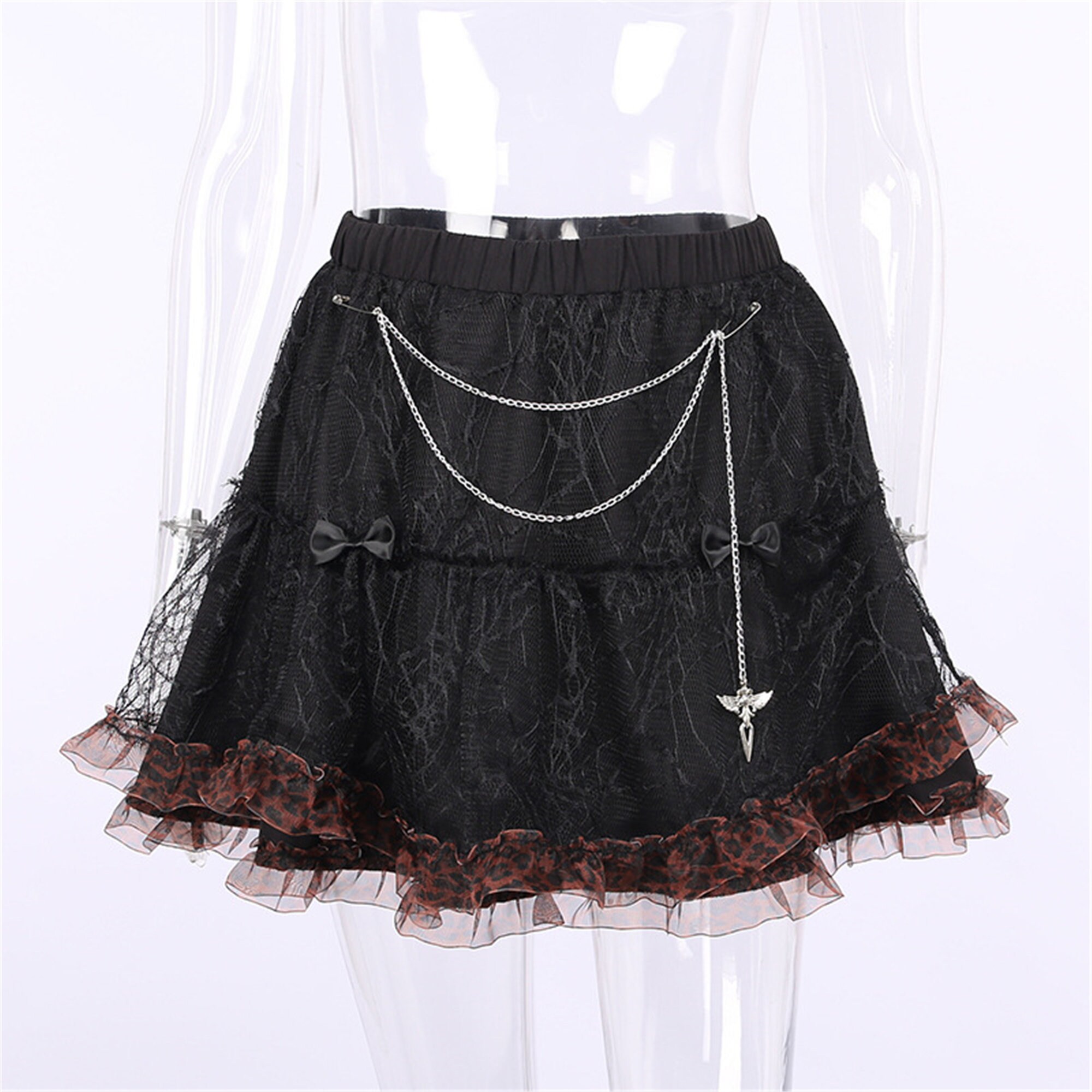 Dark Lace Ripped Skirt Tutu With Chain Punk Style Streetwear Punk High Waist Pleated Skirt Halloween Gothic Skirt Tulle Dark Pleated Skirt