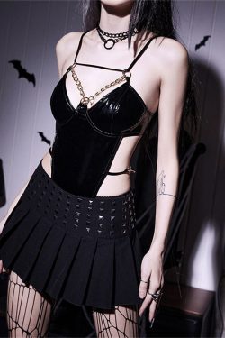 Dark Leather Sexy Chain Lace Up Tops Black Leather Bodysuit Sexy Latex Skinny Bodysuit Punk Piece Jumpsuit Gothic Hollow Corset Cutout Top