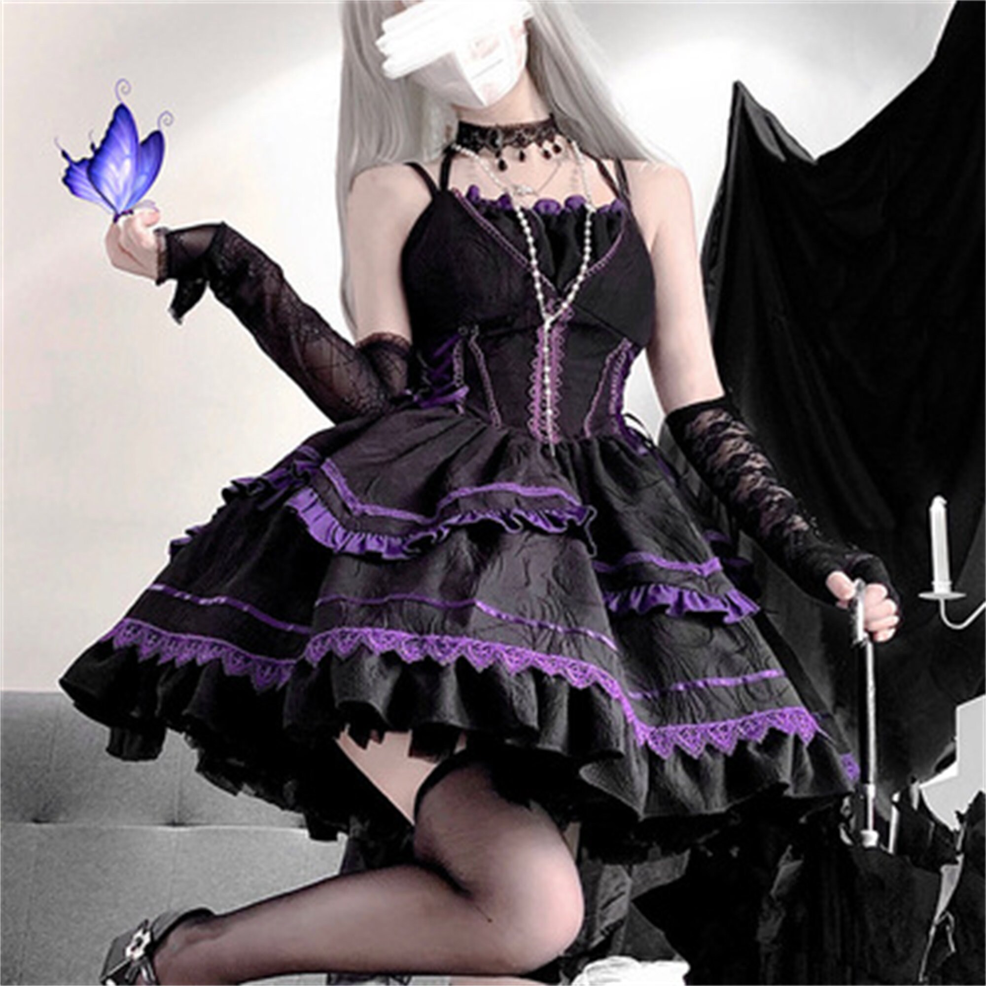 Dark Lolita Sling Halter Dress Gothic Tunic Dress Elegant Patchwork Dress High Waist Pleated Gothic Skirt Cute Halloween Short Costume
