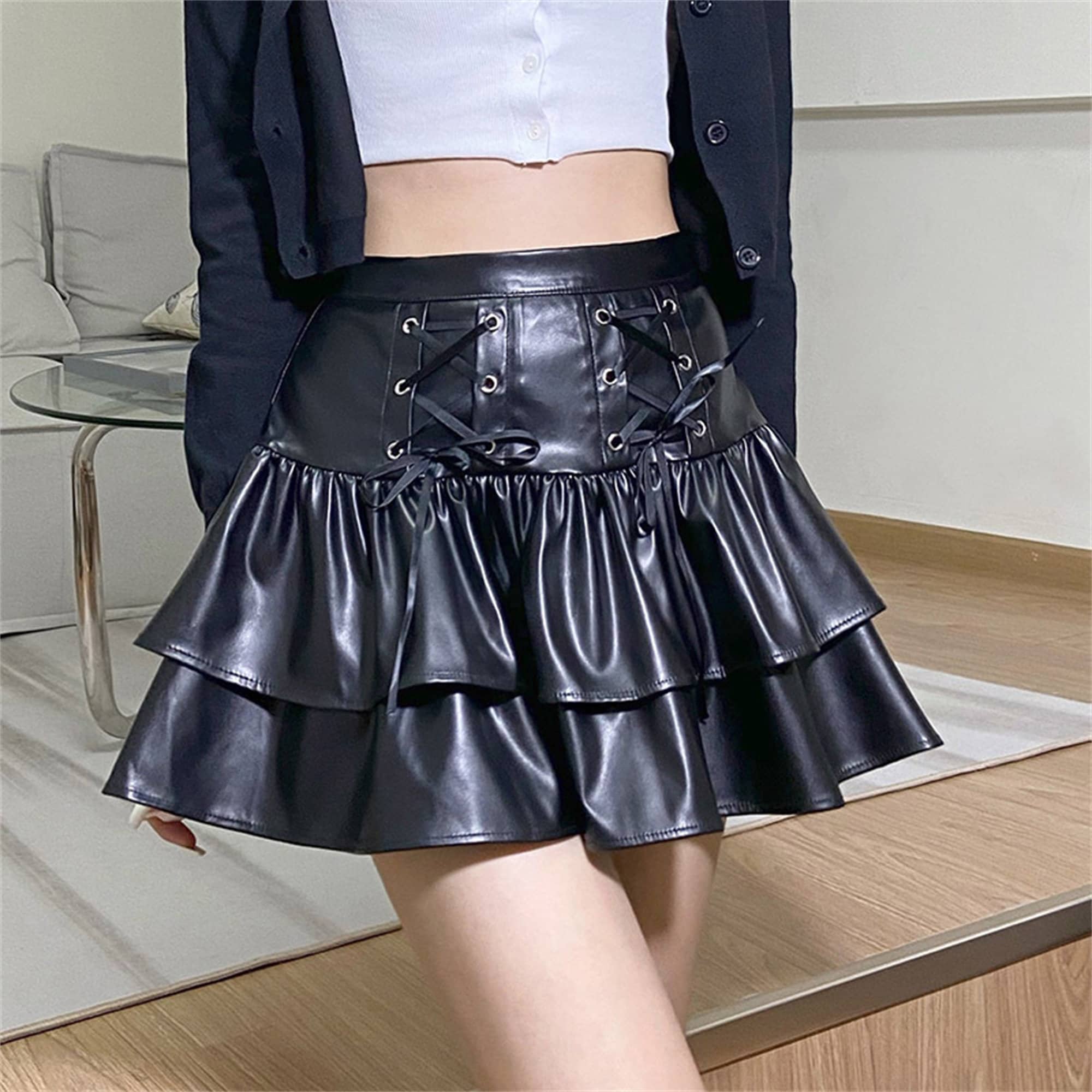 Dark Retro Black Leather High Waist Pleated Skirt Gothic Skirt Kawaii Skirt Fashionable Frenulum Skirt Punk Style Pleated Mini Skirt