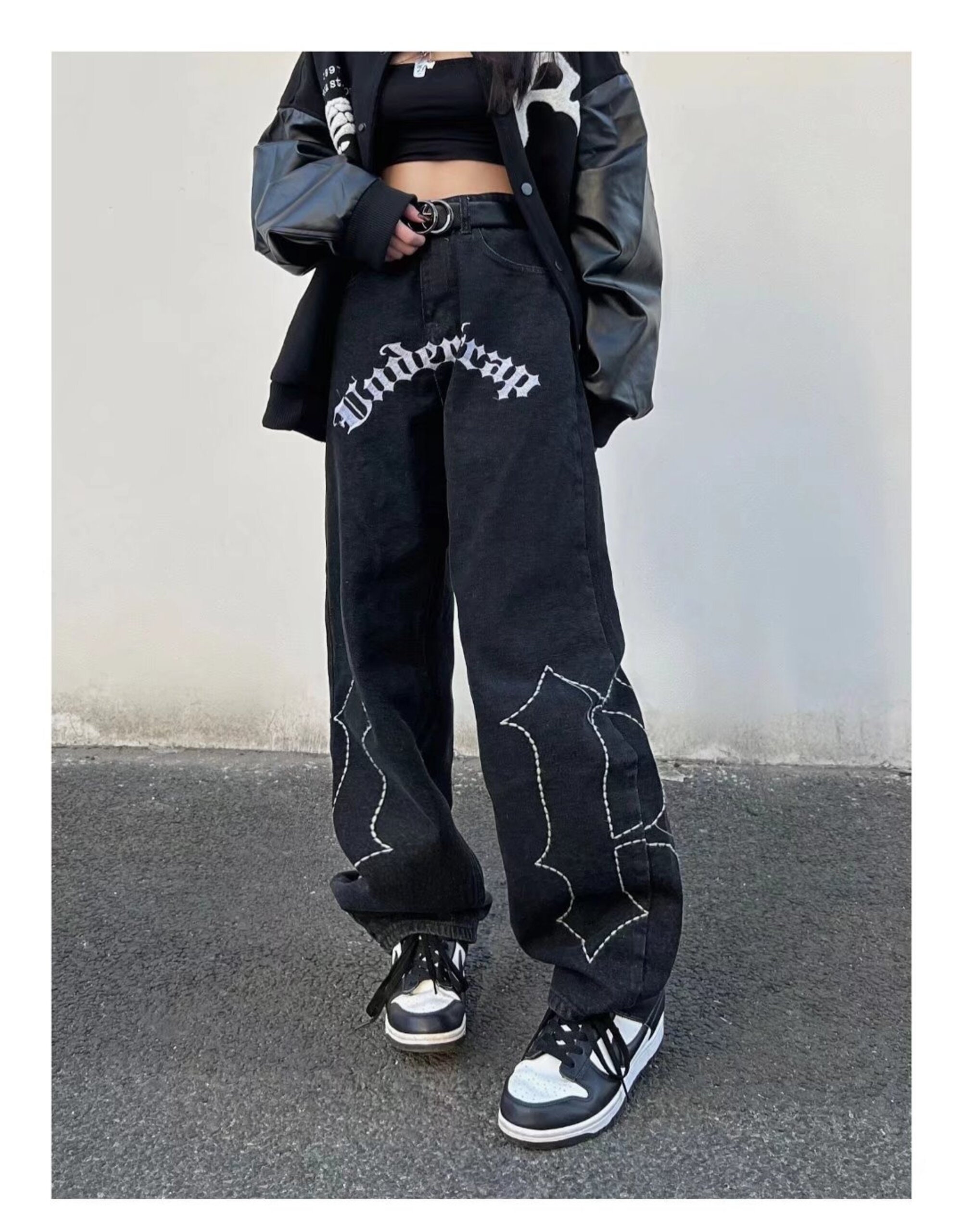 Dark Streetwear Letter Embroidery Black Baggy Men Straight Jeans Pants Y2k Clothes Casual Women Denim Trousers Ropa Hombre