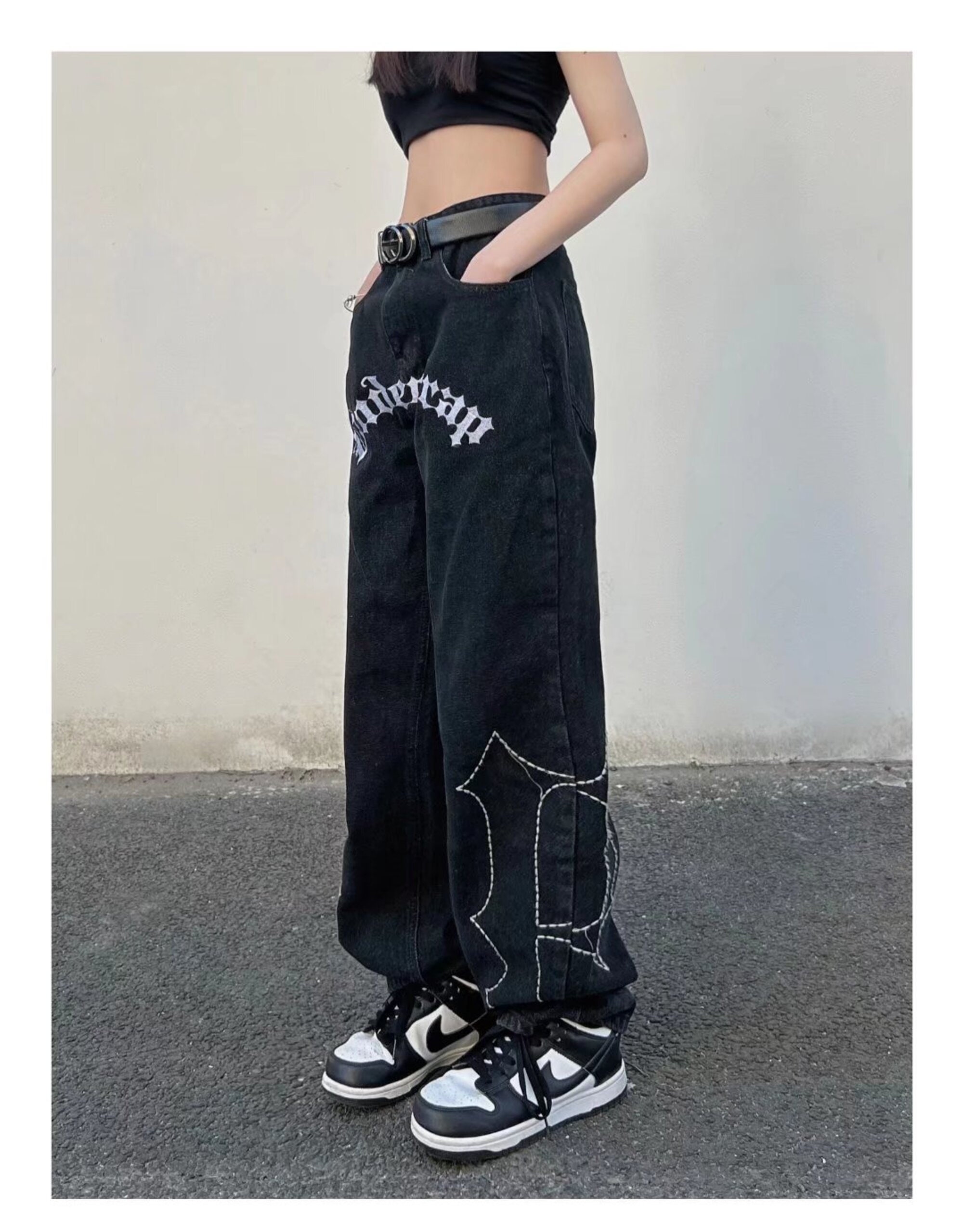 Dark Streetwear Letter Embroidery Black Baggy Men Straight Jeans Pants Y2k Clothes Casual Women Denim Trousers Ropa Hombre