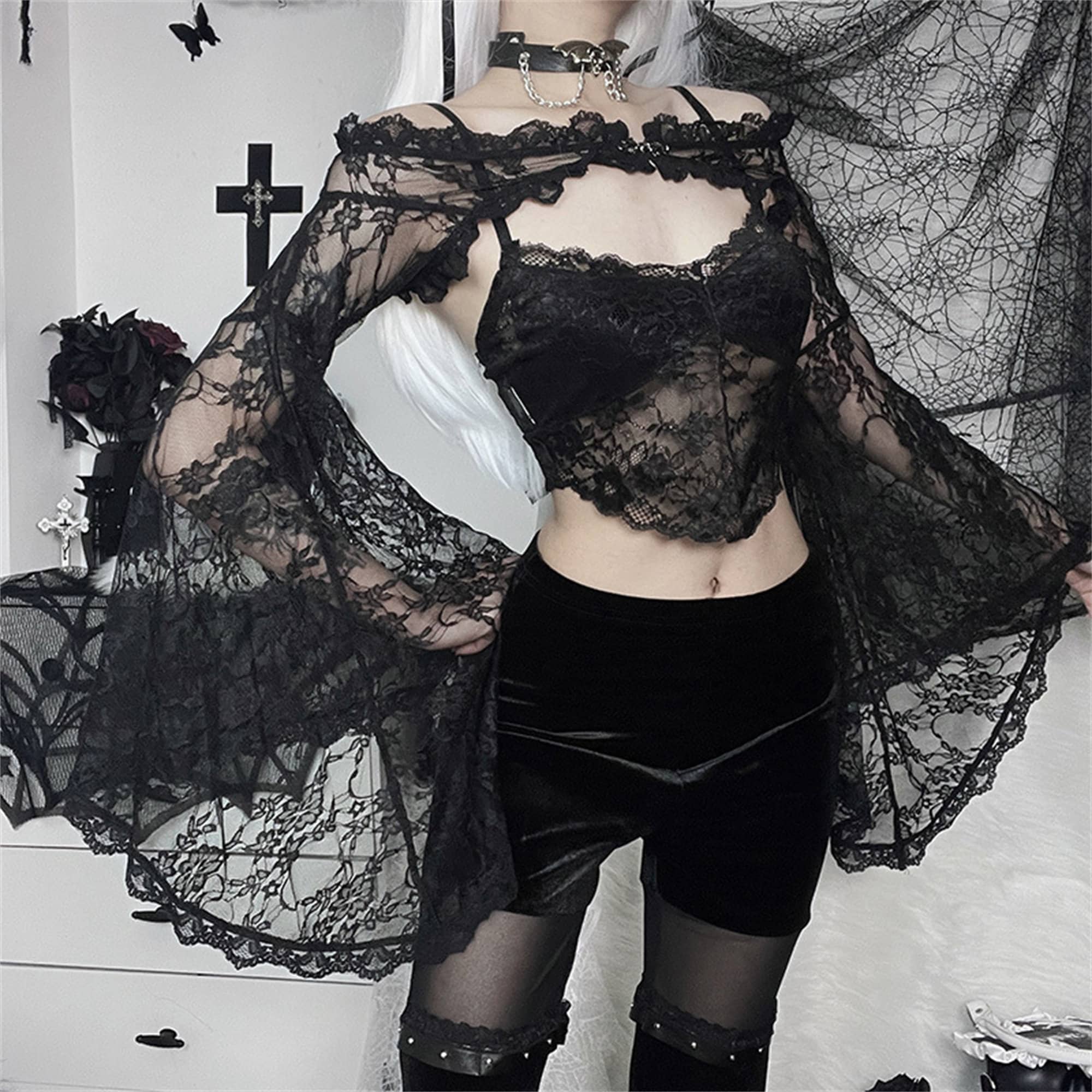 Dark Vintage Bat Flare Sleeve Top Gothic Sheer Lace Mesh Top Goth Fish Scale Long Sleeve Sheer Blouse Witch Hollow Bustier Witch Top