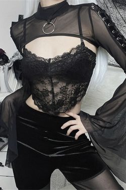 Dark Vintage Court Flare Sleeve Top Gothic Sheer Lace Mesh Top Goth Spider Web Corset Top Witch Tops Vintage Style Top Hollow Bustier Top