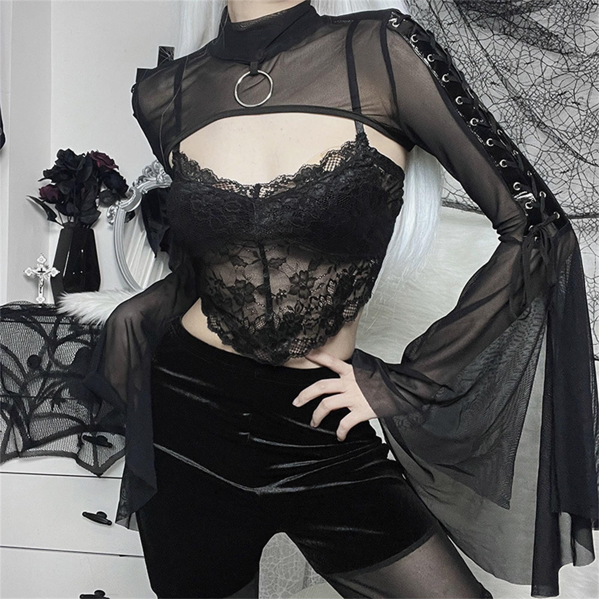 Dark Vintage Court Flare Sleeve Top Gothic Sheer Lace Mesh Top Goth Spider Web Corset Top Witch Tops Vintage Style Top Hollow Bustier Top