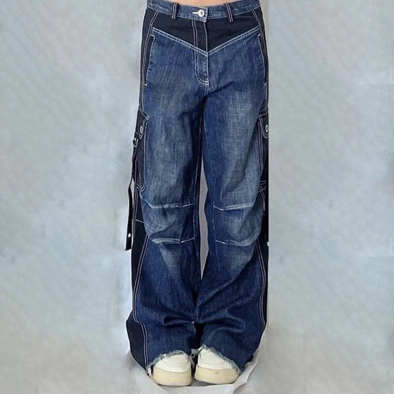 Denim Cargo Pants Patchwork Pockets Low Waist Cargo Pants American Retro Streetwear Pants Wide Leg Baggy Mom Jeans Baggy Sweatpants