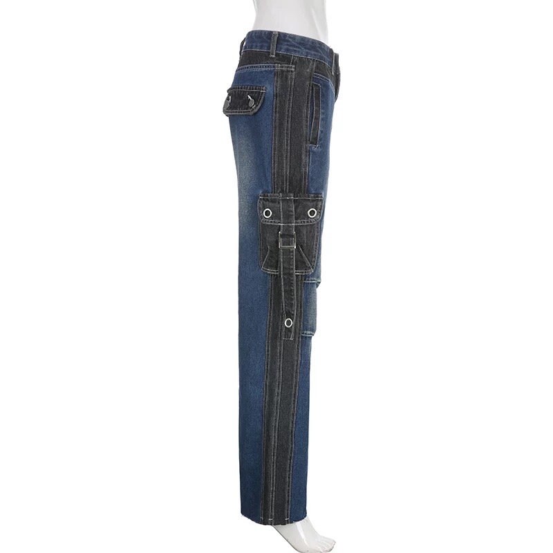 Denim Cargo Pants Patchwork Pockets Low Waist Cargo Pants American Retro Streetwear Pants Wide Leg Baggy Mom Jeans Baggy Sweatpants