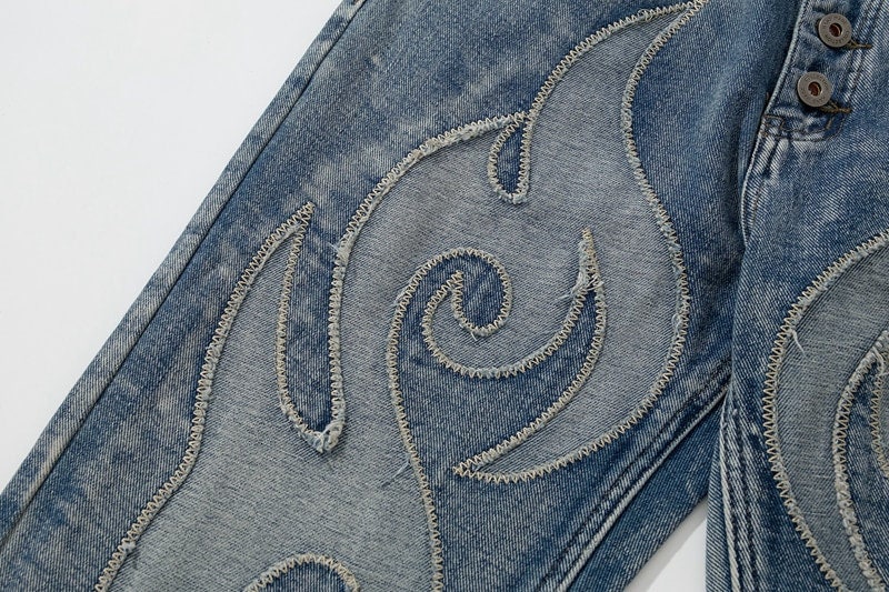 Denim Pants Embroidery Patchwork Flame Casual Men And Women Elastic Waist Baggy Jeans Trousers