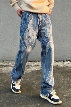 Denim Pants Embroidery Patchwork Flame Casual Men And Women Elastic Waist Baggy Jeans Trousers