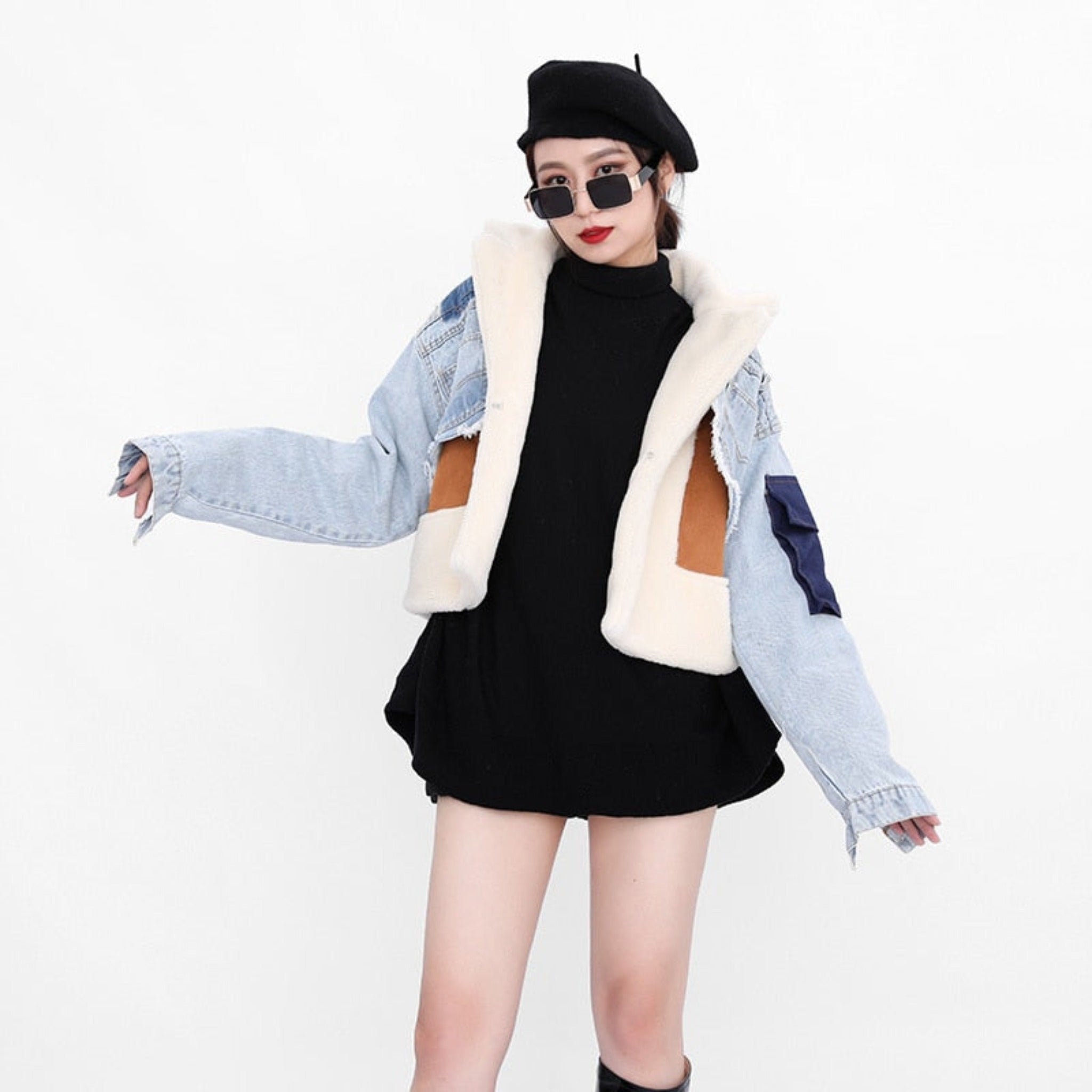 Denim Turn Down Collar Jacket With Faux Wool Liner