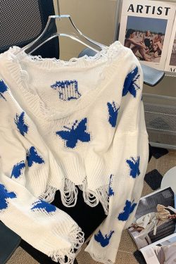 Distressed Butterfly Crop Top Knit Sweater Grunge 2000s Aesthetic Korean Kawaii Streetwear Y2k Clothing