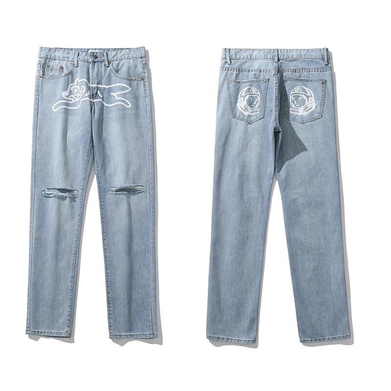 Dog Print Straight Loose Jeans Mens Retro High Street Billionare Boys Club Oversize Casual Denim Trousers Harajuku Washed Hip Hop Jean Pants