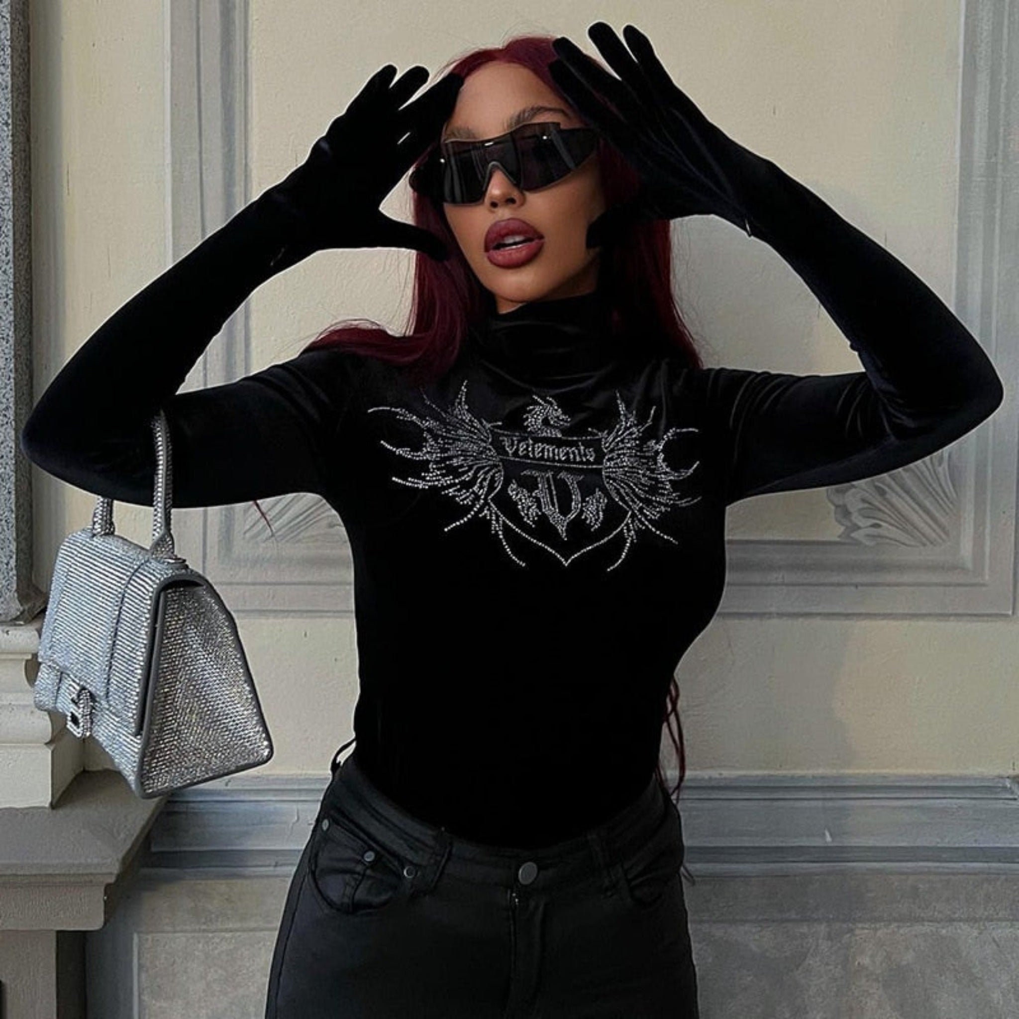 Dragon Crystal Beaded Velvet Bodysuit With Gloves In Black