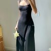 Elegant A Line Solid Black Midi Dress