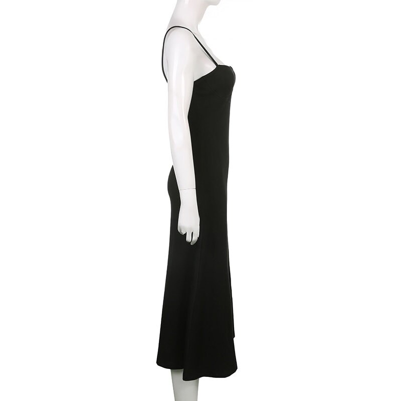Elegant A Line Solid Black Midi Dress