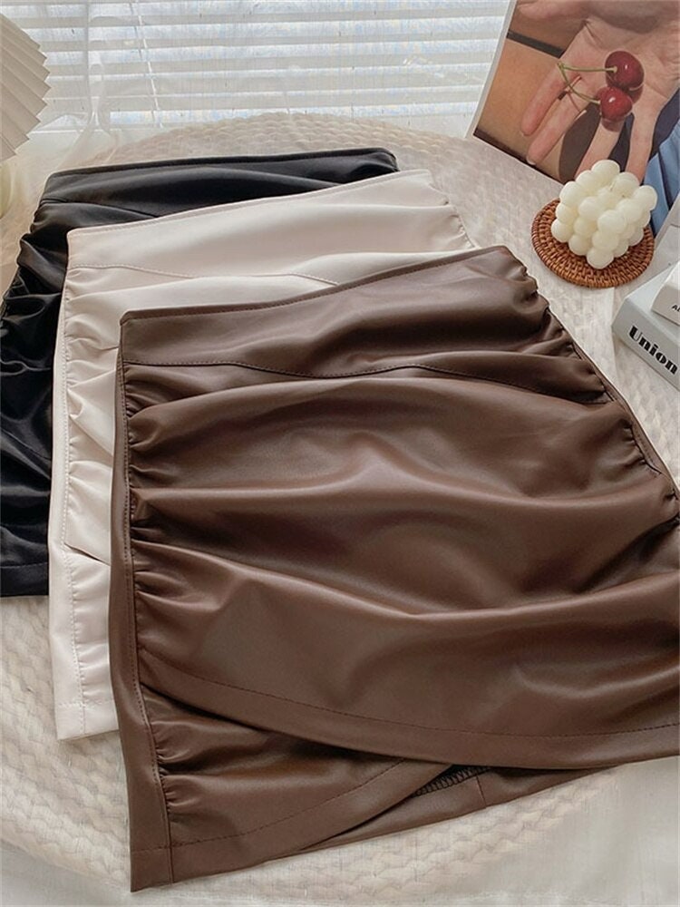 Elegant High Waisted Leather Mini Skirt Women Light Academia Clothing Pencil Skirt For Ladies Korean Fashion Pastel Skirt