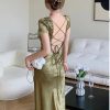 Elegant Ladies Green Satin Dress Backless Tie Strap For Evening Dress Event W Beautiful Printed Floral Maxi Dress Short Sleeve Lace Style