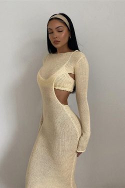 Elegant Sheer Two Piece Midi Dress Y2k Chic