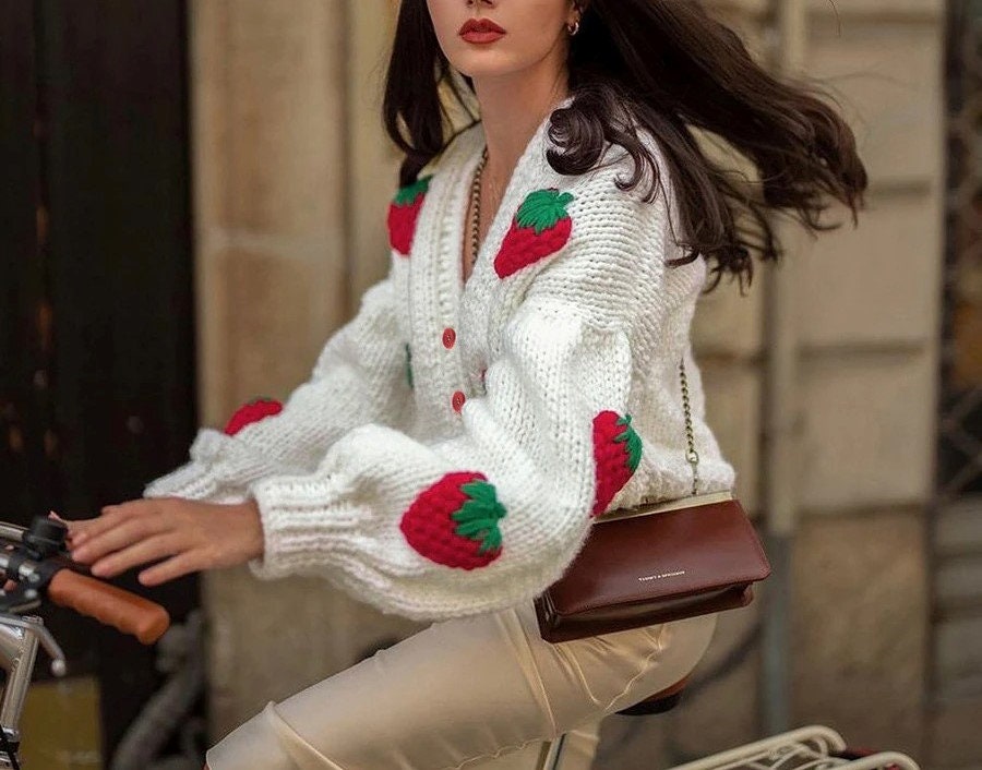 Elegant Strawberry Decoration Christmas Cardigan Sweaters For Women Girls' Single Breasted Loose V Neck Coat Clothing New